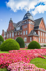 Pink flowers in front of the historic town hall of Papenburg, Germany