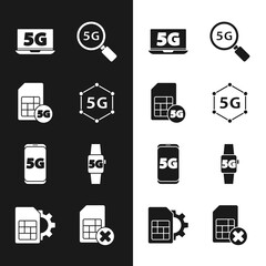 Set 5G network, Sim Card, Laptop with, Search, Mobile, Smart watch, card rejected and setting icon. Vector