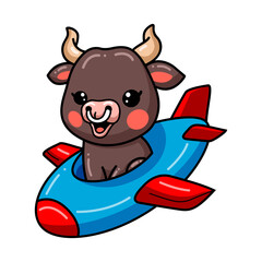 Cute baby bull cartoon flying on plane 