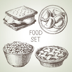 Hand drawn food sketch set of apple pie dessert, smores wafer crackers, macaroni and cheese, homemade pierogi dumplings. Vector black and white vintage illustrations - 446736339