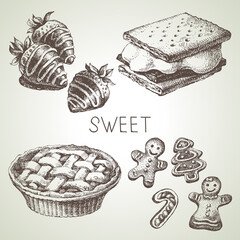 Hand drawn sketch sweet dessert set. Vector black and white vintage illustration