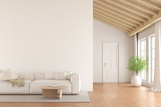 3d render of empty room with plain white wall and sofa on wooden laminate floor.