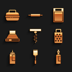 Set Wine corkscrew, Spatula, Bottle of olive oil, Grater, Sauce bottle, Kitchen extractor fan, Cutting board and Cooking pot icon. Vector