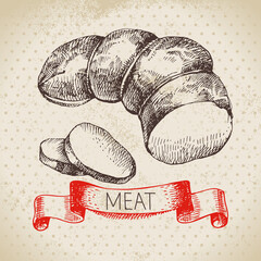 Hand drawn sketch meat product. Vector vintage ham illustration. Menu design