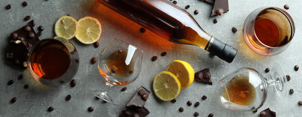 Concept of hard alcoholic drinks with cognac