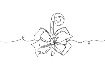 Continuous one line of christmas ribbon with bow and christmas candy in silhouette on a white background. Linear stylized.Minimalist.
