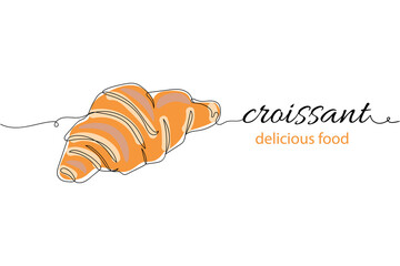 Continuous one line of croissant delicious food in silhouette on a white background. Linear stylized.Minimalist.