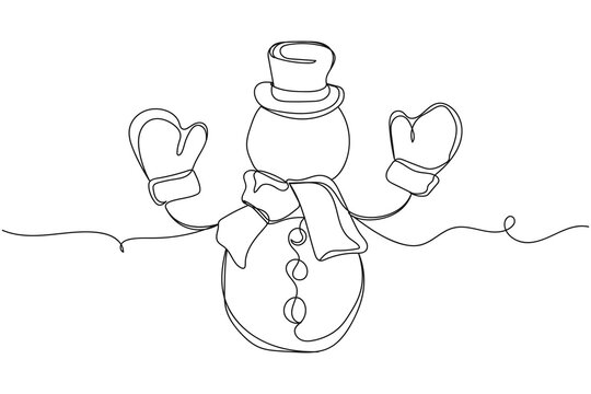 Continuous one line of funny snowman christmas style in silhouette on a white background. Linear stylized.Minimalist.