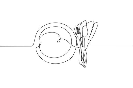 Continuous one line of christmas or new year table setting in silhouette on a white background. Linear stylized.Minimalist.