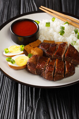Singapore Teochew Braised Duck Lor Ark served with rice, eggs and tofu close-up in a plate on the table. Vertical
