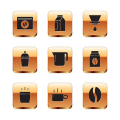 Set Bag of coffee beans, Coffee cup, pot, to go, V60 maker, and icon. Vector