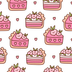 Surface pattern design with peach cake, flower, heart on a white background. Sweet beautiful background. Print design for stationery supplies, kitchen decor, textile, packaging, wrapping paper etc.