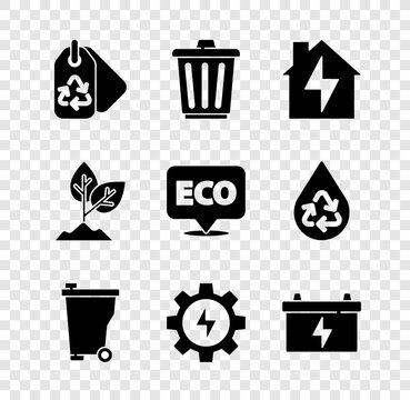 Set Tag with recycle, Trash can, House and lightning, Gear, Car battery, Plant and Label for eco healthy food icon. Vector