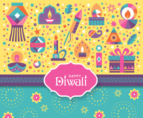 Happy Diwali Hindu festival poster design with colorful oil lamps, lanterns, fireworks and typography design. 