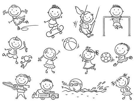 Set of cartoon kids outdoor activities, sports and games, outline illustration