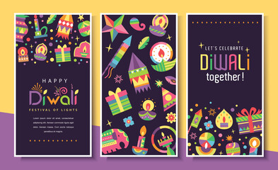 Set of happy Diwali Hindu festival posters design with colorful oil lamps, lanterns, fireworks and gift icons.