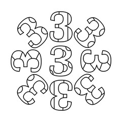 Coloring book for children. Three. Numbers. Learning and playing. Vector illustration