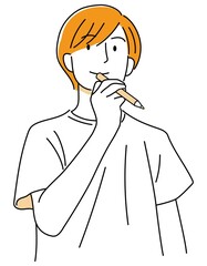 男の子09_01（手描き・鉛筆を持って何かを思いつく笑顔の男性・上半身・オレンジ02）