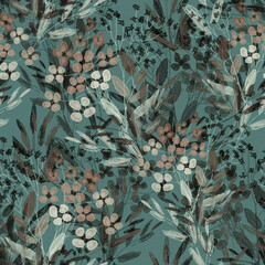 Seamless pattern. Floral pattern, twigs and flowers on a colored background, drawing, paper texture.