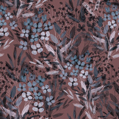 Seamless pattern. Floral pattern, twigs and flowers on a colored background, drawing, paper texture.