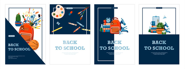Back to school. Advertising banner, sale, online store, web. Stationery for school, university and office. Cartoon school supplies. Flat illustrations for elementary school. Bright cut out cliparts