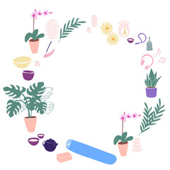 illustration wreath Yoga with candles, yoga mat, aroma lamp, orchid, lotus, rosary, buddha, teapot and cups