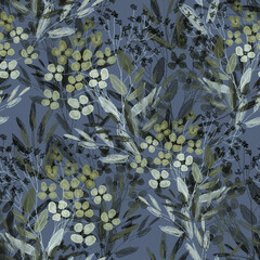 Seamless pattern. Floral pattern, twigs and flowers on a colored background, drawing, paper texture.