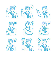 Young male doctor gesture variation illustration set.