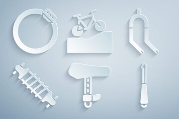 Set Bicycle seat, fork, suspension, Screwdriver, Mountain bicycle and brake disc icon. Vector