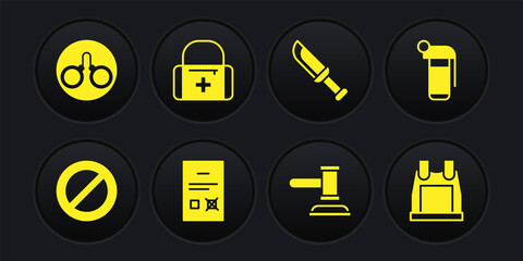Set Ban, Hand grenade, Poll document, Judge gavel, Military knife, First aid kit, Bulletproof vest and Handcuffs icon. Vector