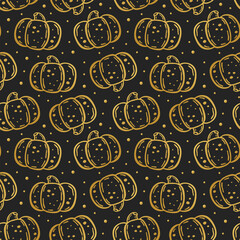 Halloween. Day of dead. Golden ink vector seamless pattern. Elegant pumpkin design. Isolated on dark background.