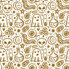 Halloween. Day of dead. Golden ink vector seamless pattern. Ghost, eye, skull,moon, insect, bacteria, plant, star, poison in bottle, centipede, caterpillar. Isolated on white background.