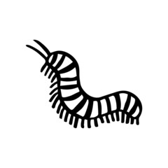 Insect centipede, caterpillar. Black ink vector illustration. Witch element. Halloween design. Day of dead. Isolated on white background.