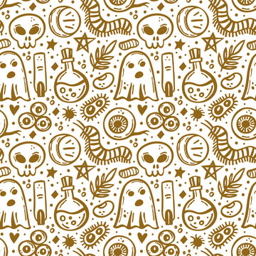 Halloween. Day of dead. Golden ink vector seamless pattern. Ghost, eye, skull,moon, insect, bacteria, plant, star, poison in bottle, centipede, caterpillar. Isolated on white background.