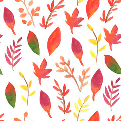 Seamless pattern with colorful autumn leaves on white background