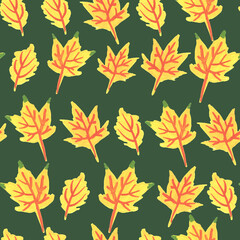 Seamless pattern with yellow autumn leaves on green background