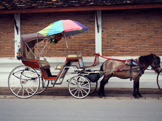 Country carriage horse for traveler front of the wall of temple in Thailand At Lampang January 2019