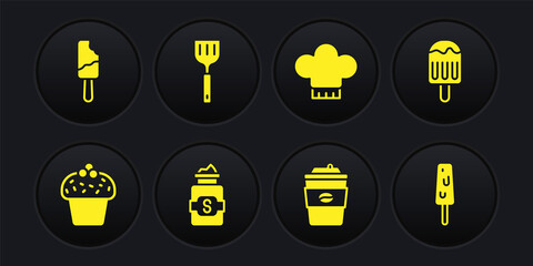 Set Cake, Ice cream, Jar of sugar, Coffee cup to go, Chef hat, Spatula, and icon. Vector