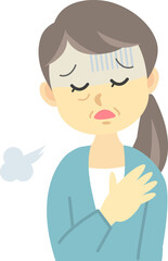 イラスト素材:体調不良シリーズ　年配の女性がストレスで胸を右手で押さえて不安に苦しむ姿
