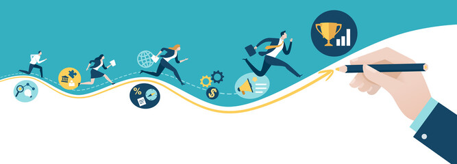 Path to the goal. Businessman‘s hand draws a line leading to the goal. Business vector concept illustration