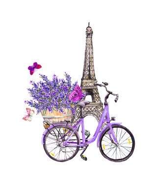 Butterflies, Eiffel tower, bicycle with lavender flowers in basket in Paris, France. Watercolor