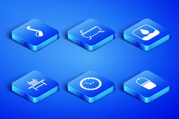 Set Sauna bucket, ladle, clock, bench with, Bathtub and Water drop icon. Vector