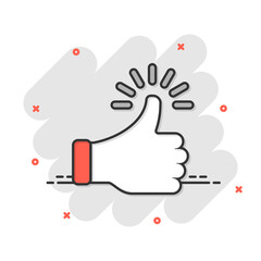 Thumb up icon in comic style. Like gesture cartoon vector illustration on white isolated background. Approval mark splash effect business concept.