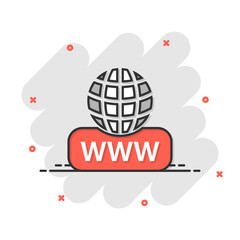 Global search icon in comic style. Website address cartoon vector illustration on white isolated background. WWW network splash effect business concept.