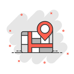 Map with magnifier icon in comic style. Gps navigation cartoon vector illustration on white isolated background. Locate position splash effect business concept.