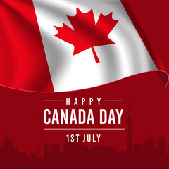 Happy Canada Day Greeting Card with Waving Flag on Red Background.