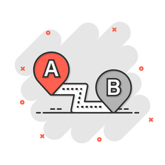 Map pin icon in comic style. Gps navigation cartoon vector illustration on white isolated background. Locate position splash effect business concept.