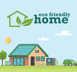 Illustration of eco friendly sustainable modern house.