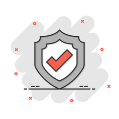 Shield with check mark icon in comic style. Protect cartoon vector illustration on white isolated background. Checkmark guard splash effect business concept.