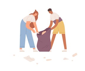 Couple of volunteers picking up litter and collecting it into trash bag. Young people cleaning environment from garbage. Flat vector illustration of eco- activists isolated on white background
